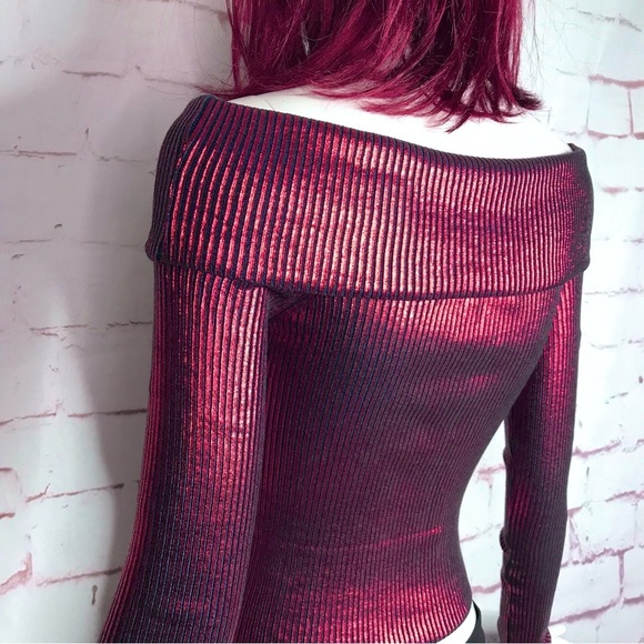 ZARA XS Off the Shoulder Metallic Red & Grey Foil Knit Stretch Top NEW WITH TAG - Picture 14 of 15
